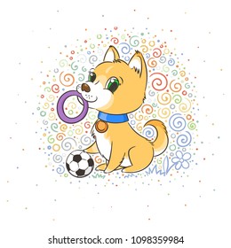 Vector illustration with cute puppy with a soccer ball, card or print concept.