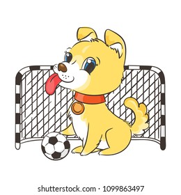 Vector illustration with cute puppy with a soccer ball, card or print concept.