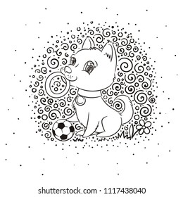Vector illustration with cute puppy with a soccer ball, card or print concept, coloring page.