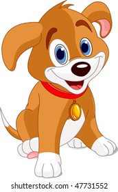 Vector illustration of a cute puppy, wearing a red collar with a dog tag.