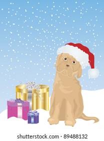 vector illustration of a cute puppy wearing a santa hat sitting in the snow with christmas gifts in eps 10 format