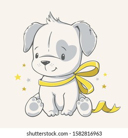 Vector illustration of a cute puppy with yellow ribbon.