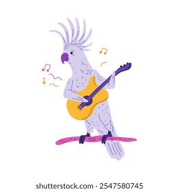 Vector illustration of cute purple cockatoo parrot playing guitar. Parrot on a branch. Exotic animal. Children's cartoon design in flat style on an isolated white background.