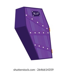Vector illustration of a cute purple coffin with RIP sign in flat cartoon style. Perfect for Halloween decorations, party flyers, greeting cards, spooky merchandise, and seasonal design elements