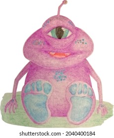 Vector illustration of a cute purple monster with one eye sitting on the grass in hand drawn style.