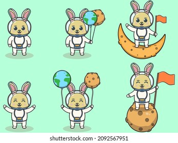 Vector Illustration of Cute Rabbit with an astronaut costume. Funny Rabbit Wearing Astronaut Costumes or Spacesuit Vector Set. Flat Cartoon Style.