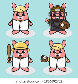 Vector illustration of cute Rabbit Baseball cartoon set. Cute Little Rabbit expression character design bundle. Good for icon, logo, label, sticker, clipart.