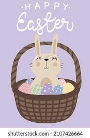 Vector illustration of cute rabbit in a basket of easter eggs. Happy Easter greetings text. Design for web, site, banner, poster, card, paper print, postcard, flyer. Vector illustration