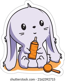 Vector illustration of a cute rabbit with a bottle of juice. The rabbit is sitting. Isolated. Flat style. An icon or sticker. Kawaii