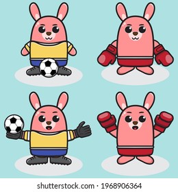 Vector illustration of cute Rabbit Boxing and Football cartoon set. Cute Little Rabbit expression character design bundle. Good for icon, logo, label, sticker, clipart.