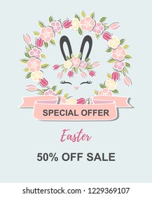 Vector illustration with cute rabbit, bunny ears, smiling eyes, floral wreath. Template for Happy Easter Sale.