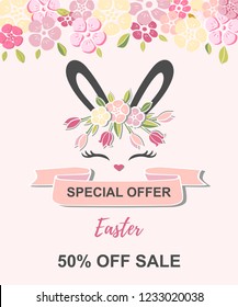 Vector Illustration With Cute Rabbit, Bunny Ears, Smiling Eyes, Floral Wreath. Template For Happy Easter Sale.