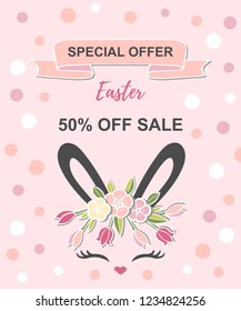 Vector illustration with cute rabbit, bunny ears, smiling eyes, floral wreath. Template for Happy Easter Sale.