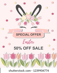 Vector illustration with cute rabbit, bunny ears, smiling eyes and floral wreath. Template for Happy Easter Sale.