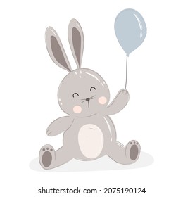Ilustración vectorial conejo lindo, conejo con globo azul para postal romántica, tarjeta, pegatina e impresión 