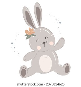 Vector illustration cute rabbit, bunny with a flower for romantic postcard, card, sticker and print 