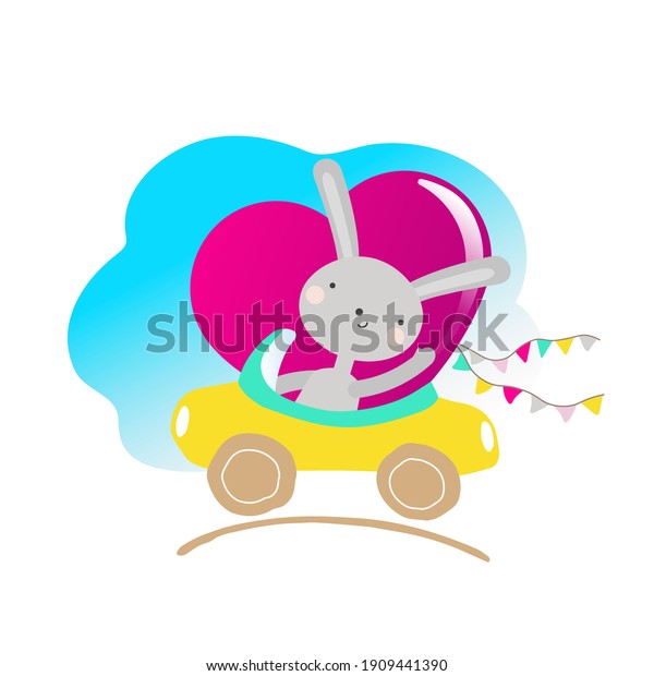 Vector illustration with a cute rabbit in a car\
with a heart. Cheerful kind gentle childish print, poster, design.\
Cartoon rabbit. Declaration of love, congratulations. Isolated.\
Valentine. Flags