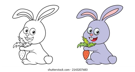 Vector illustration of a cute rabbit with a carrot,Coloring book with animals.