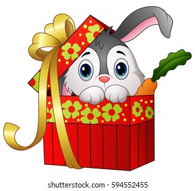 Vector illustration of Cute rabbit cartoon in a gift box