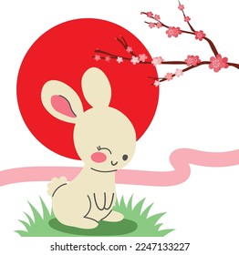Vector illustration of cute rabbit celebrating Chinese new year with red sun on background. Happy female bunny wishing peace all year with pink cherry branch