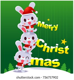 Vector illustration of cute rabbit characters arranging message Merry Christmas for greeting card, poster, banner.