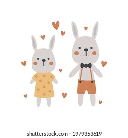 ilustración vectorial, pareja de conejos lindos al estilo vintage, imagen para duchas de bebé, cumpleaños de niños y decoración de guardería