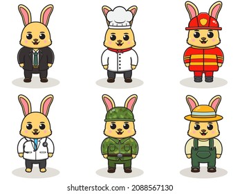 Vector illustration with cute Rabbit of different professions. cute job Animal cartoon bundle set.