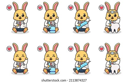 Vector Illustration of Cute Rabbit with Doctor costume siting and hand up pose. Set of cute smile Bunny characters. Flat icons in cartoon style.