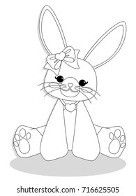 Vector illustration of cute rabbit in dress with ribbon and heart necklace. Cartoon outline illustration of animal character for coloring book.