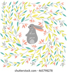 Vector illustration of cute rabbit in floral wreath