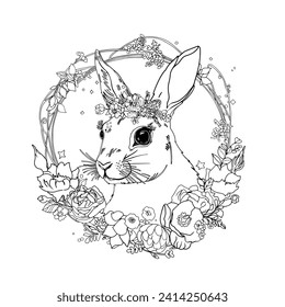 Vector illustration of a cute rabbit in a frame. Happy Easter. Blank for designer, logo, icon, label. Isolated on a white background. Vector illustration by Line for coloring