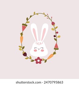 vector , illustration  of cute rabbit in frame of fruits , flowers, and leaves 