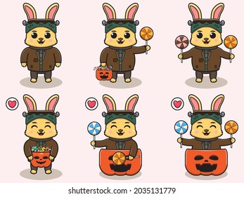 Vector illustration of cute Rabbit with Frankenstein costume. Rabbit character vector design. Good for label, sticker, clipart.