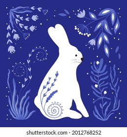 The vector illustration of a cute rabbit. Funny animal on the background of decorative plants made in a hand-drawn style