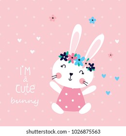 Vector  illustration with cute rabbit girl for baby shower, greeting card, invitation, t-shirt design