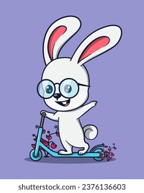 vector illustration of cute rabbit in glasses playing scooter and waving. cute animal icon concept