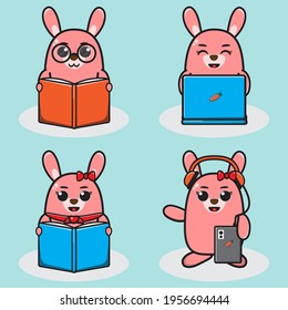 Vector illustration of cute Rabbit Hobby cartoon set. Cute Little Rabbit expression character design bundle. Good for icon, logo, label, sticker, clipart.