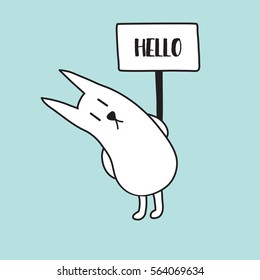vector illustration of a cute rabbit holding a poster with Hello text
