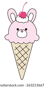 Vector illustration of cute rabbit ice cream. Cherry, whipped, dessert