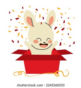 Vector illustration of cute rabbit inside open red surprise gift box celebrating new year party. Happy bunny excited.