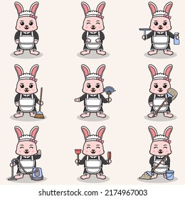 Vector illustration of cute Rabbit with maid uniform. Animal character design. Rabbit with cleaning equipment. Set of cute Rabbit characters.