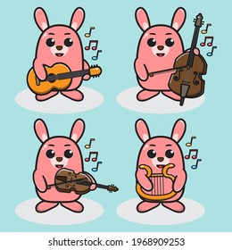 Vector illustration of cute Rabbit Music cartoon set. Good for icon, logo, label, sticker, clipart.
