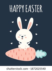 vector illustration of cute rabbit on carrot isolated on dark background, cartoon style, easter greeting card