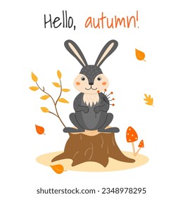 Ilustración vectorial con un bonito conejo sobre un trozo y hojas de otoño al estilo de dibujos animados. Animales y plantas forestales. Hola, otoño.
