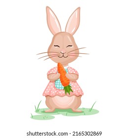 Vector illustration of a cute cute rabbit in pink holding a carrot