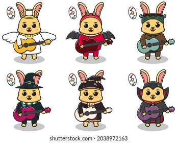 Vector illustration of cute Rabbit play Guitar. Rabbit character vector design. Good for label, sticker, clipart.