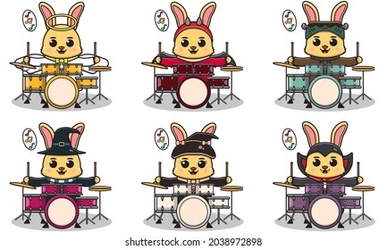 Vector illustration of cute Rabbit play Drum set. Rabbit character vector design. Good for label, sticker, clipart.