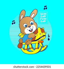Vector illustration of a cute rabbit  , playing horse toys , animal cartoon style