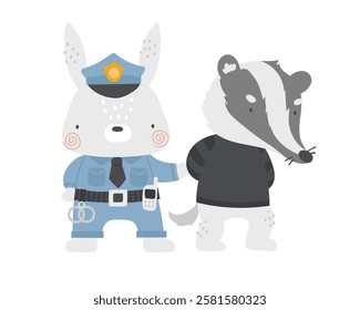 Vector illustration cute rabbit police officer caught badger criminal. Hare in police uniform. Thief and officer. Cute cartoon animals police officers. Professions for children. Cute emergency.