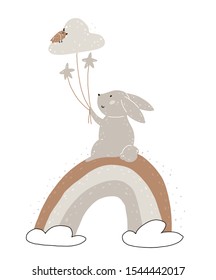 Vector illustration with cute rabbit, rainbow, stars and cloud balloons. Hand drawn in Scandinavian style design for kids. The concept for textiles, postcards, baby shower, babywear, nursery.